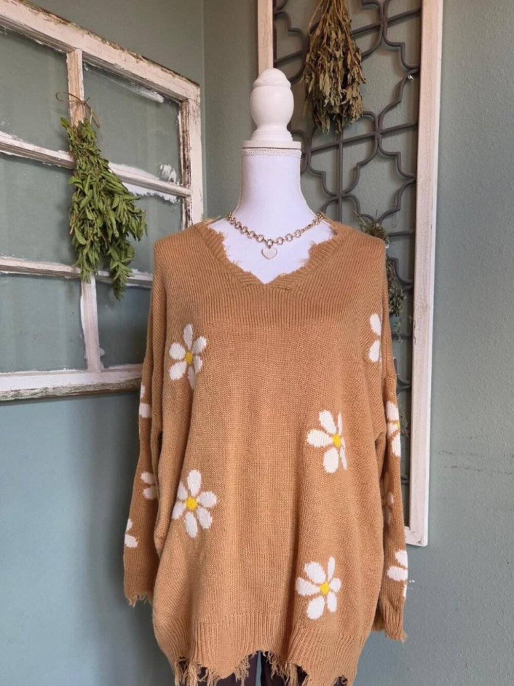 Daisy Distressed Oversized V Neck Woman's Sweater Large